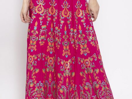 Wahe-NOOR Women s Magenta Printed Flared Rayon Maxi Skirt Discount