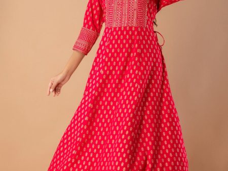 Juniper Fuchsia Rayon Festive Wear Foil Printed A-Line Long Dress Online now