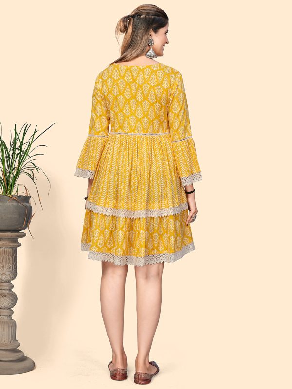 NOZ2TOZ Women s Printed & Lace Border A-Line Cotton Yellow Stitched Dress For Discount