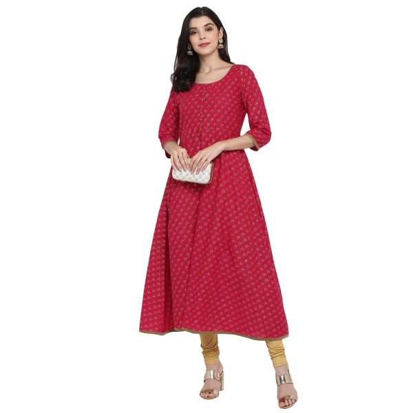 NOZ2TOZ Women s Red Cotton Printed Anarkali Kurti With Block Print (1 Pc) Hot on Sale