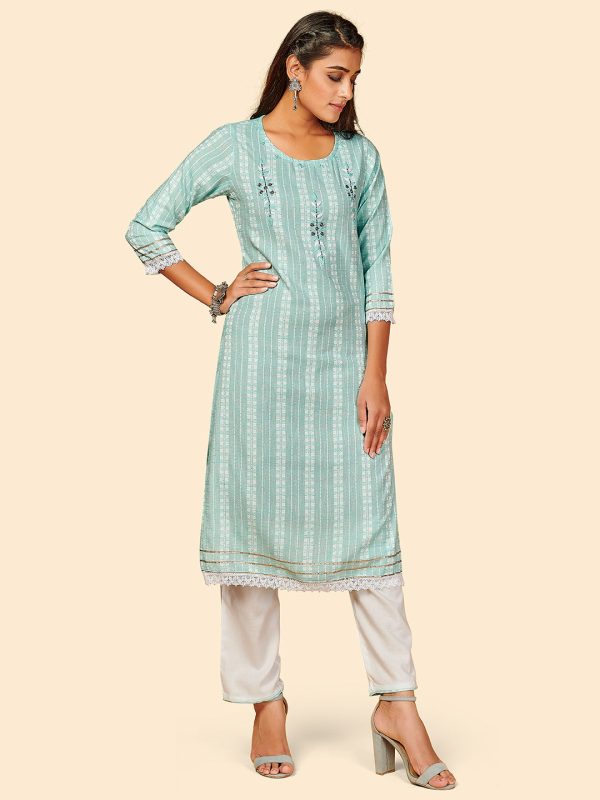 NOZ2TOZ Women s Printed & Hand Work Straight Yarn Dyed Sky Blue Stitched Kurta Pant With Dupatta Online Hot Sale