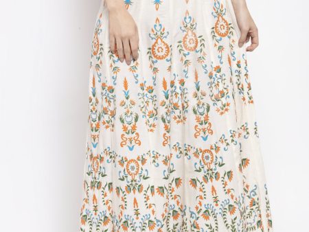 Wahe-NOOR Women s Cream Printed Flared Rayon Maxi Skirt on Sale