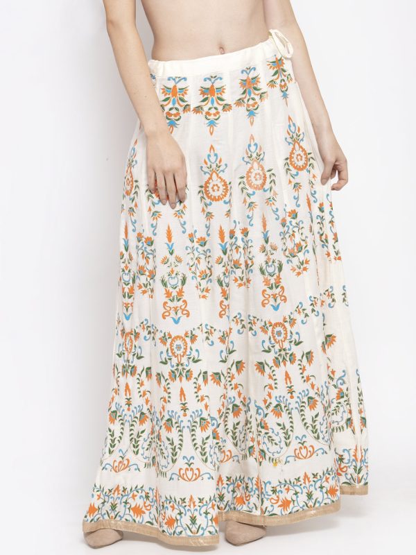 Wahe-NOOR Women s Cream Printed Flared Rayon Maxi Skirt on Sale