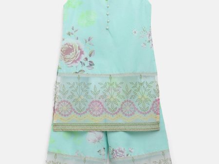 Ahalyaa Aqua Blue Crepe Printed Kids Kurta Palazzo Sets For Girls Supply