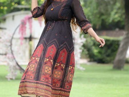 Juniper Black Georgette Festive Printed A-Line Dress For Women Sale