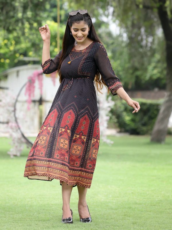 Juniper Black Georgette Festive Printed A-Line Dress For Women Sale