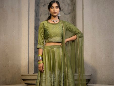 Juniper Green Santoon Slub Festive Printed Crop Lehenga Choli Dupatta For Women Online now