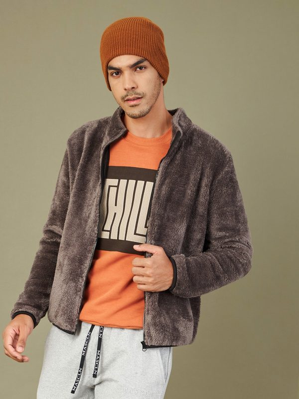 Lyush - Mascln Men s Charcoal Grey Fur Contrast Zipper Jacket Online