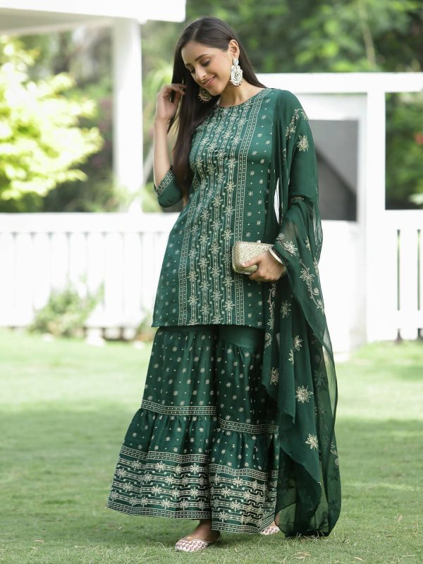 Juniper Green Mono Viscose Festive Wear Printed Straight Kurta Sharara Dupatta Set Discount