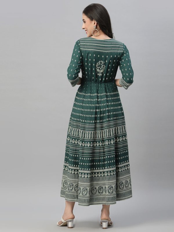 Juniper Green Rayon Festive Printed Flared Dress For Women Sale