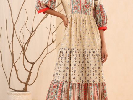 Juniper Beige Cambric Festive Printed Tiered Long Dress For Women For Cheap