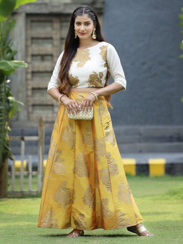 Juniper Women`s Mustard Dupion Printed Flared Lehenga Choli Sets Online now