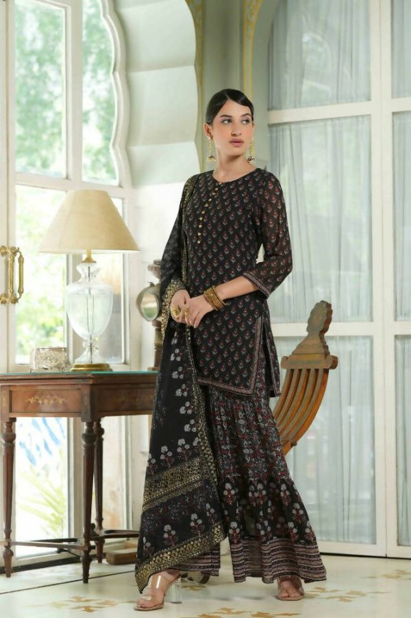 Juniper Black Georgette Festive Floral Print Straight Tunic-Sharara For Women For Discount