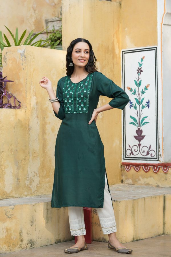 Juniper Green Rayon Festive Wear Embroidered Straight Kurta Online now