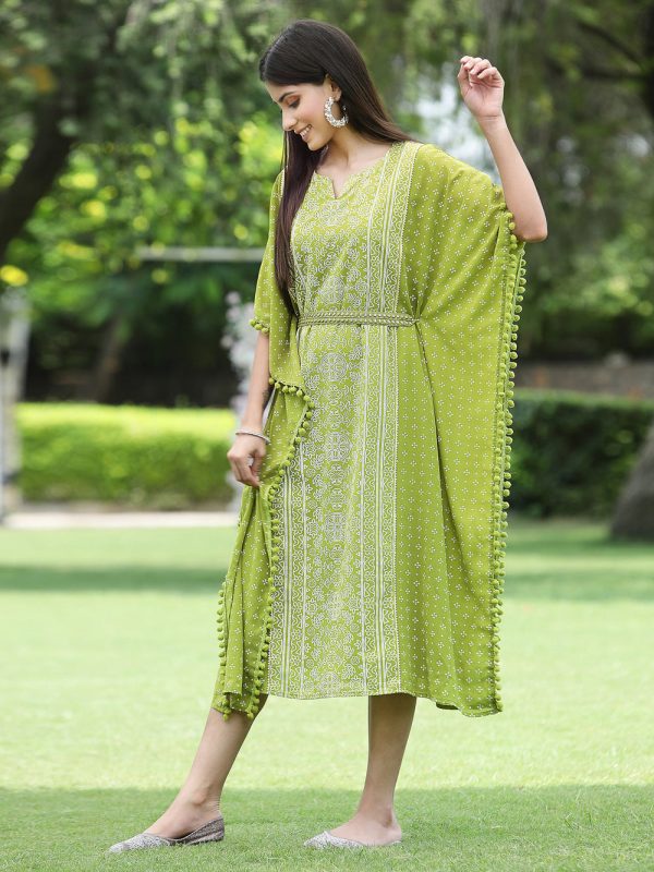 Indian Clothing Juniper Green Georgette Festive Bandhej Printed Straight Kaftan For Women Discount