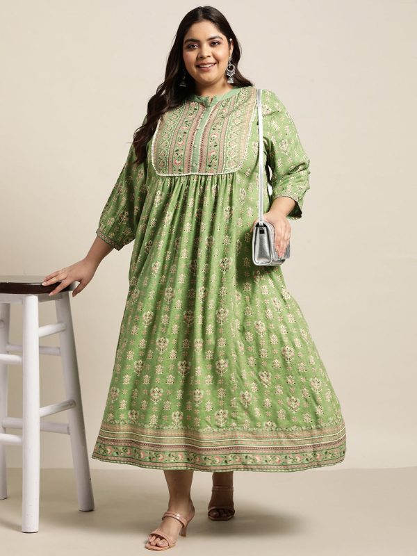 Juniper Women`s Pista Green Rayon Fusion Wear Printed A-line Dress Online now