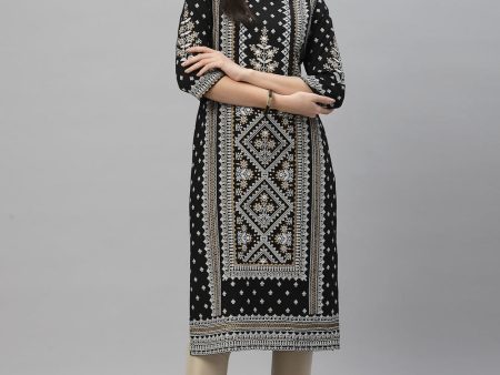 Juniper Black Rayon Festive Placement Print Straight Kurta For Women Fashion