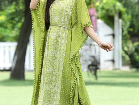 Indian Clothing Juniper Green Georgette Festive Bandhej Printed Straight Kaftan For Women Discount