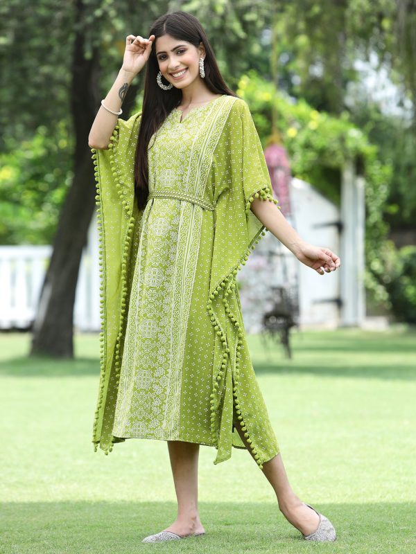 Indian Clothing Juniper Green Georgette Festive Bandhej Printed Straight Kaftan For Women Discount