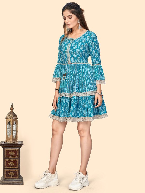 NOZ2TOZ Women s Printed & Lace Border A-Line Cotton Sky Blue Stitched Dress Cheap