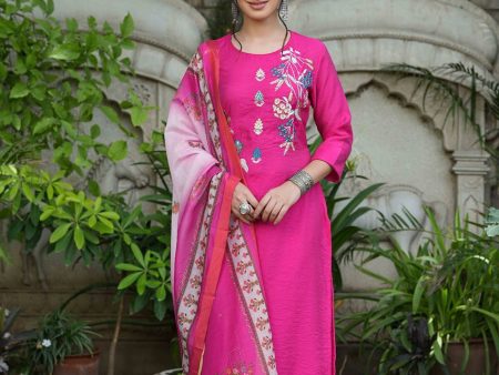 Juniper Fuchsia Mono Viscose Festive Wear Embroidered Straight Kurta Pant Dupatta Set on Sale