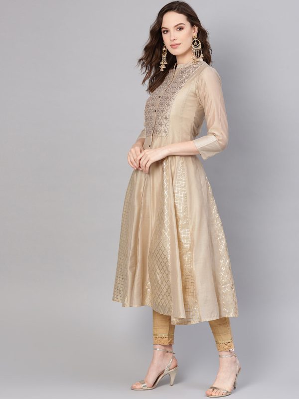 Juniper Womens Beige Chanderi Sequin Embroidered Kalidar Kurta Dress Fashion