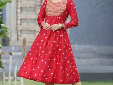 Juniper Women Red Rayon Festive Foil Printed Anarkali Flared Anarkali Kurta on Sale