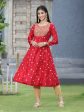 Juniper Women Red Rayon Festive Foil Printed Anarkali Flared Anarkali Kurta on Sale