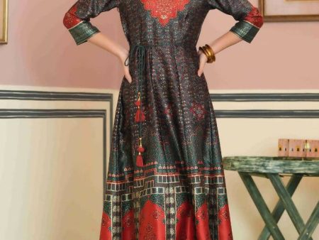 Juniper Green Satin Festive Printed Anarkali Flared Anarkali Kurta For Women Cheap