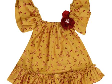 Mhyssa Half Frill Sleeves Square Neck Yellow Block Printed Frock Supply