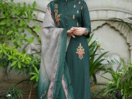 Juniper Bottle Green Mono Viscose Festive Wear Embroidered Straight Kurta Pant Dupatta Set on Sale