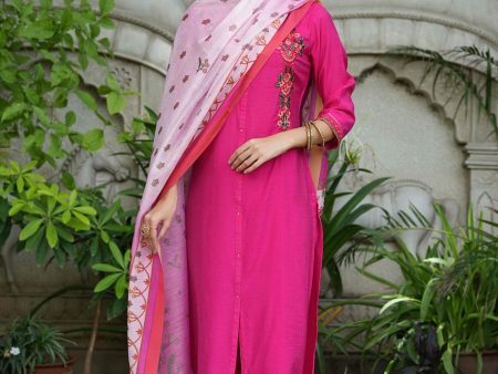 Juniper Fuchsia Mono Viscose Festive Wear Embroidered Straight Kurta Pant Dupatta Set on Sale