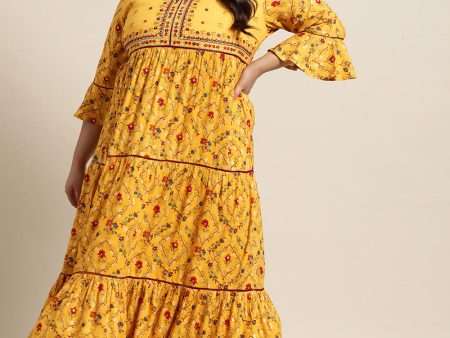 Juniper Women`s Yellow Rayon Festive Wear Embroidered & Printed Tiered Dress Hot on Sale