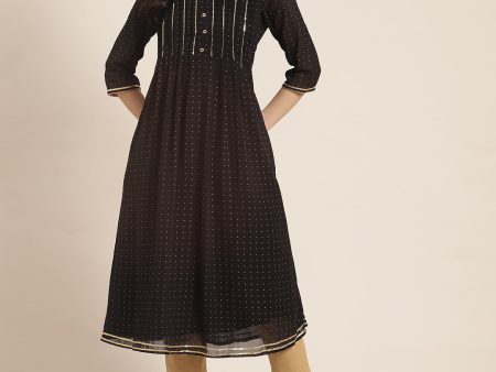 Juniper Womens Black Georgette Printed Pintucks A-Line Kurta Online