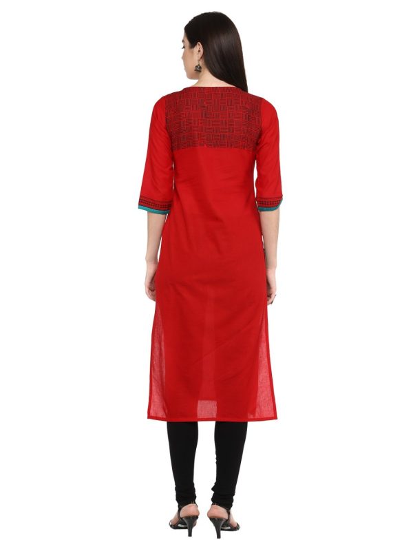 NOZ2TOZ Women s Red Ajrakh Hand Block Geometric Printed Cotton Straight Kurta Online Hot Sale