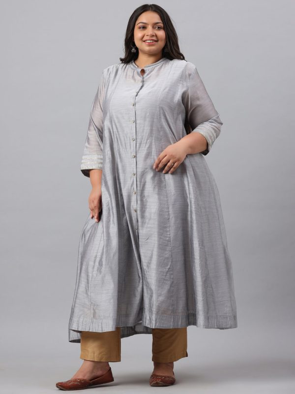 Juniper Women`s Grey Chanderi Silk Solid Anarkali Kurta with Inner Discount