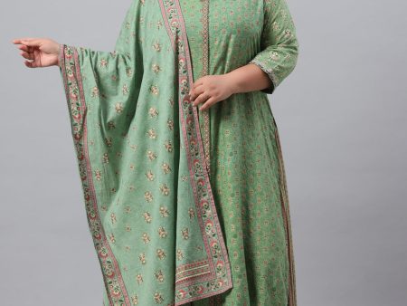 Juniper Women`s Pista Green Rayon Daily Wear Printed A-line Kurta Sets For Cheap