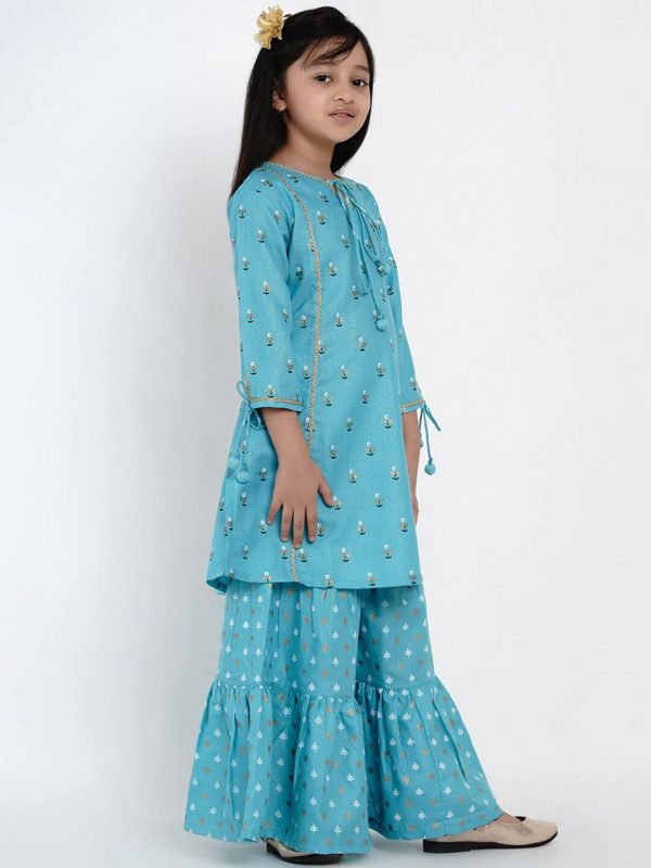 NOZ2TOZ Blue & White Printed Kurta & Sharara Set For Girls Cheap