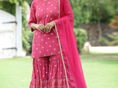 Juniper Fuchsia Mono Viscose Festive Embroidered Printed Straight Kurta Sharara Dupatta Set Discount