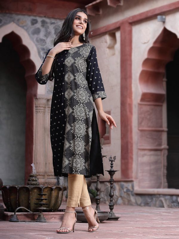 Juniper Women s Black Rayon Printed Straight Kurta Online