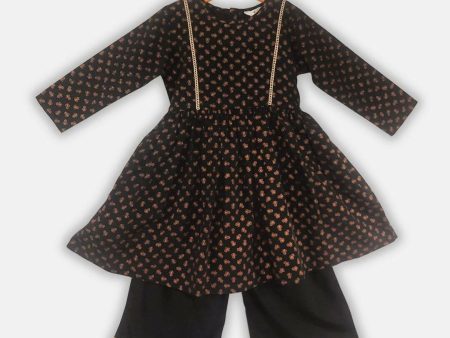 Ahalyaa Black Color Crepe Printed kids Kurta Palazzo Set For Girls For Sale