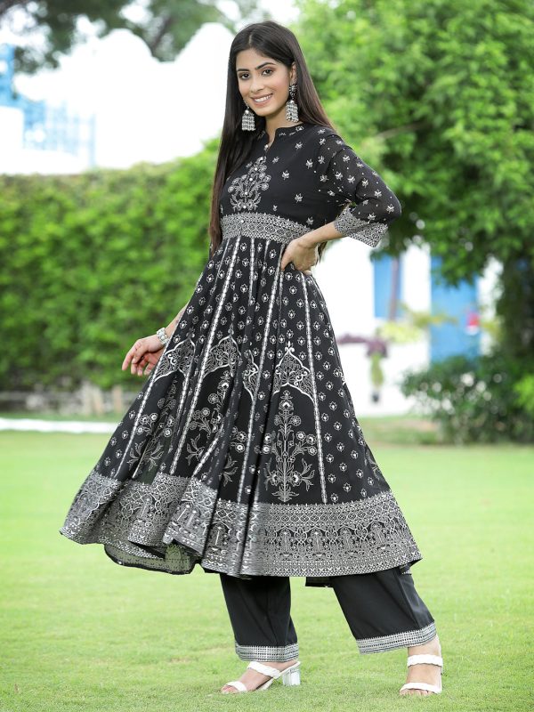 Juniper Womens Black Georgette Foil Printed Circular Kurta Dress With Solid Palazzo Set Online now