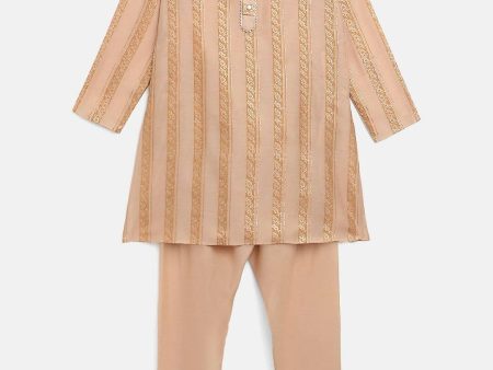 Ahalyaa Beige Chanderi Gold Foil Print Kids Kurta Churidar Set For Boys Sale