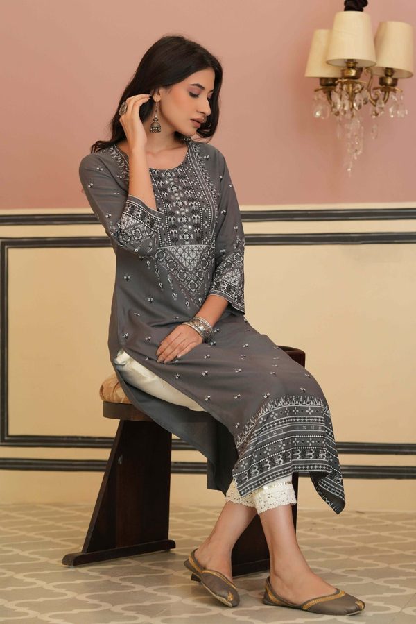 Juniper Grey Rayon Festive Embroidered Straight Kurta For Women Supply