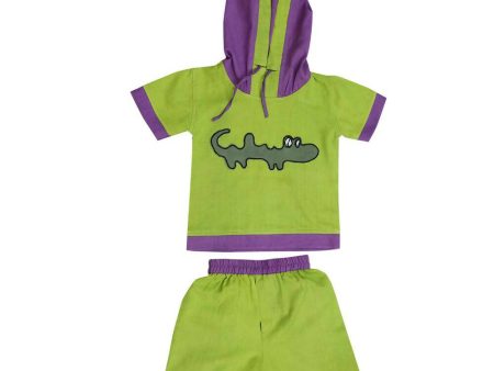 Mhyssa Croco Half sleeves Green and Purple Hoodie with Shorts Set For Kids Cheap