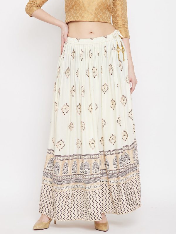 Wahe-NOOR Women s Cream Flared Printed Maxi Skirt on Sale