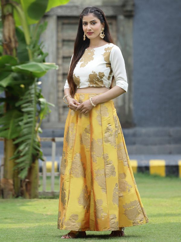 Juniper Women`s Mustard Dupion Printed Flared Lehenga Choli Sets Online now