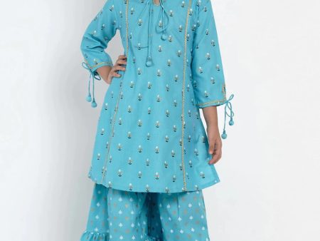 NOZ2TOZ Blue & White Printed Kurta & Sharara Set For Girls Cheap