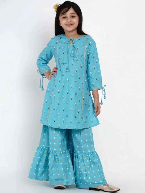 NOZ2TOZ Blue & White Printed Kurta & Sharara Set For Girls Cheap