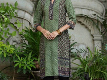 Juniper Green Rayon Festive Gold Foil Printed Straight Kurta For Women Fashion